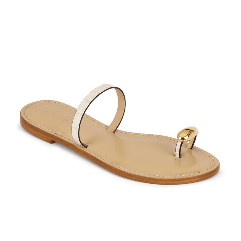 Beige Leather Toe-Ring Slide Sandal